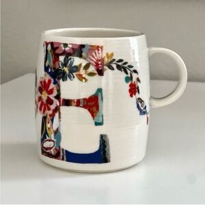Anthropologie Petal Palette Monogram Mug “E” Starla M Halfmann White Floral 12oz